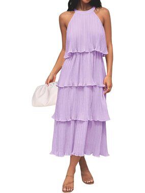 Women's Purple Summer Halter Ruffle Sleeveless Wedding Guest Midi Dresses